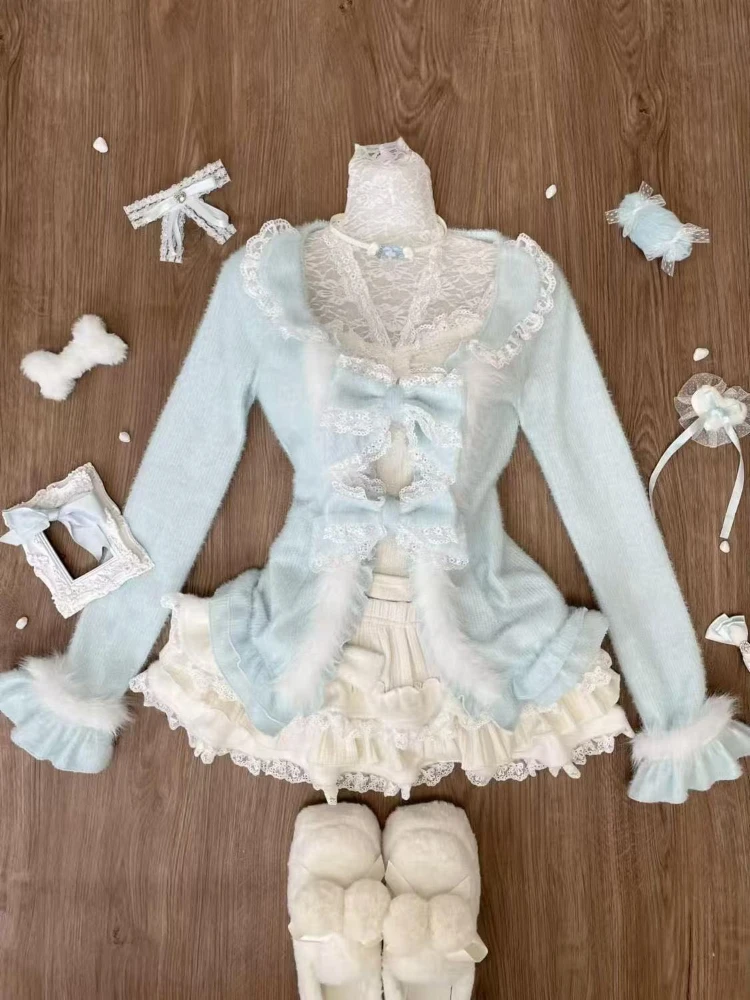 Japanese Sweet Lolita 3 Piece Set Women Lace Bow Cardigan+ Chic Slim Vest + Ruched Cale Skirts New Fashion Kawaii Harajuku Suits