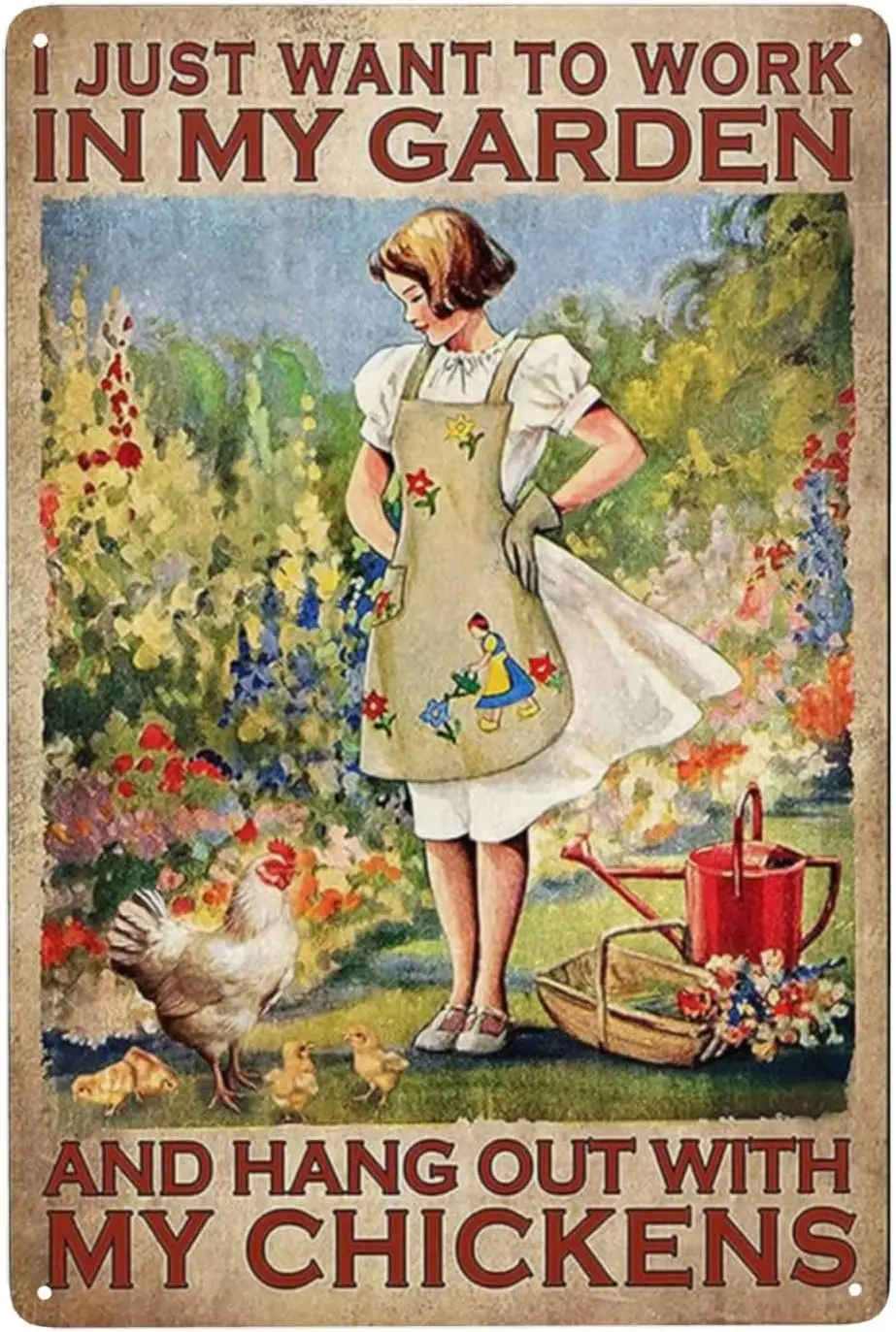 v1,I Just Want to Work in My Garden and Hang Out with My Chickens Metal Signs, Vintage Chicken Coop Decor Tin Sign, Personalized