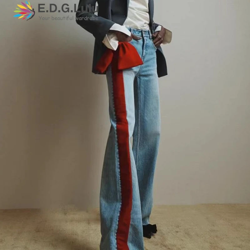 

EDGLuLu Women's 2025 Spring New Fashion Side Red Bow Spliced Wide Leg Jeans Elegant High Waist Straight Jeans 0714