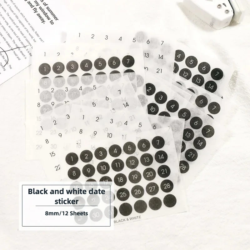 12 Sheets Black White Round Number Stickers Year Round Date Monthly Plan Digital Stickers DIY Journal Scrapbooking Decor Labels