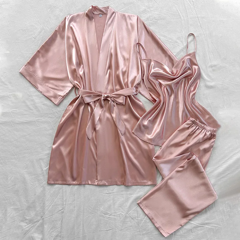 3 Piece V-neck Women's Pajamas Solid Color  Robe And Halter Pajamas Polyester Women's  Set Female Silk Satin