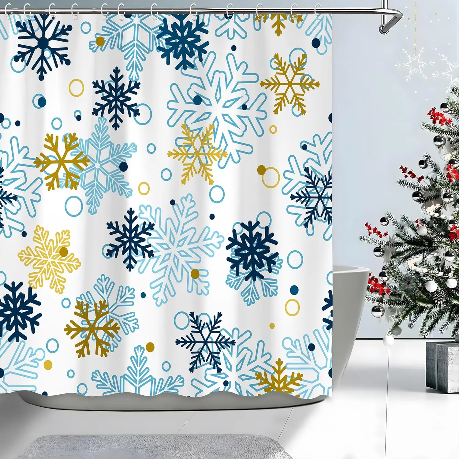 

Snowflake Shower Curtain Winter Holiday Blue Gold Pattern Christmas Bathroom Decor Waterproof Fabric Seasonal Theme Home