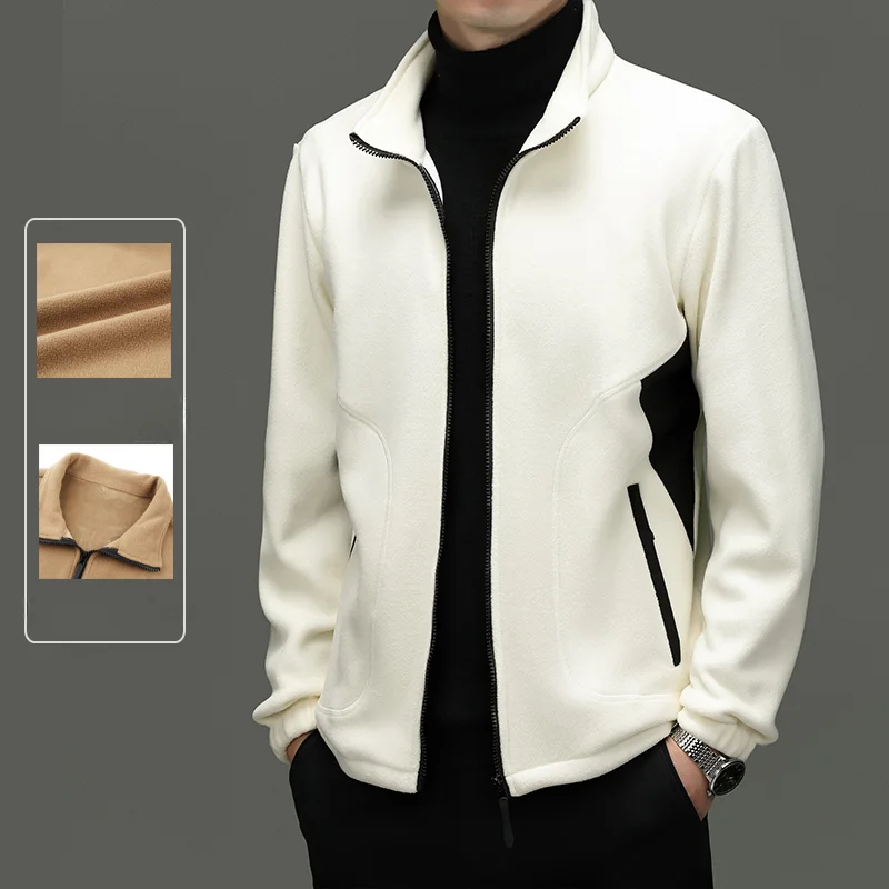 Autumn and Winter Daily Commuter Coat, Loose Zip Stand Collar Warm Jacket, Velvet Top, White Men\'s Casual Jacket