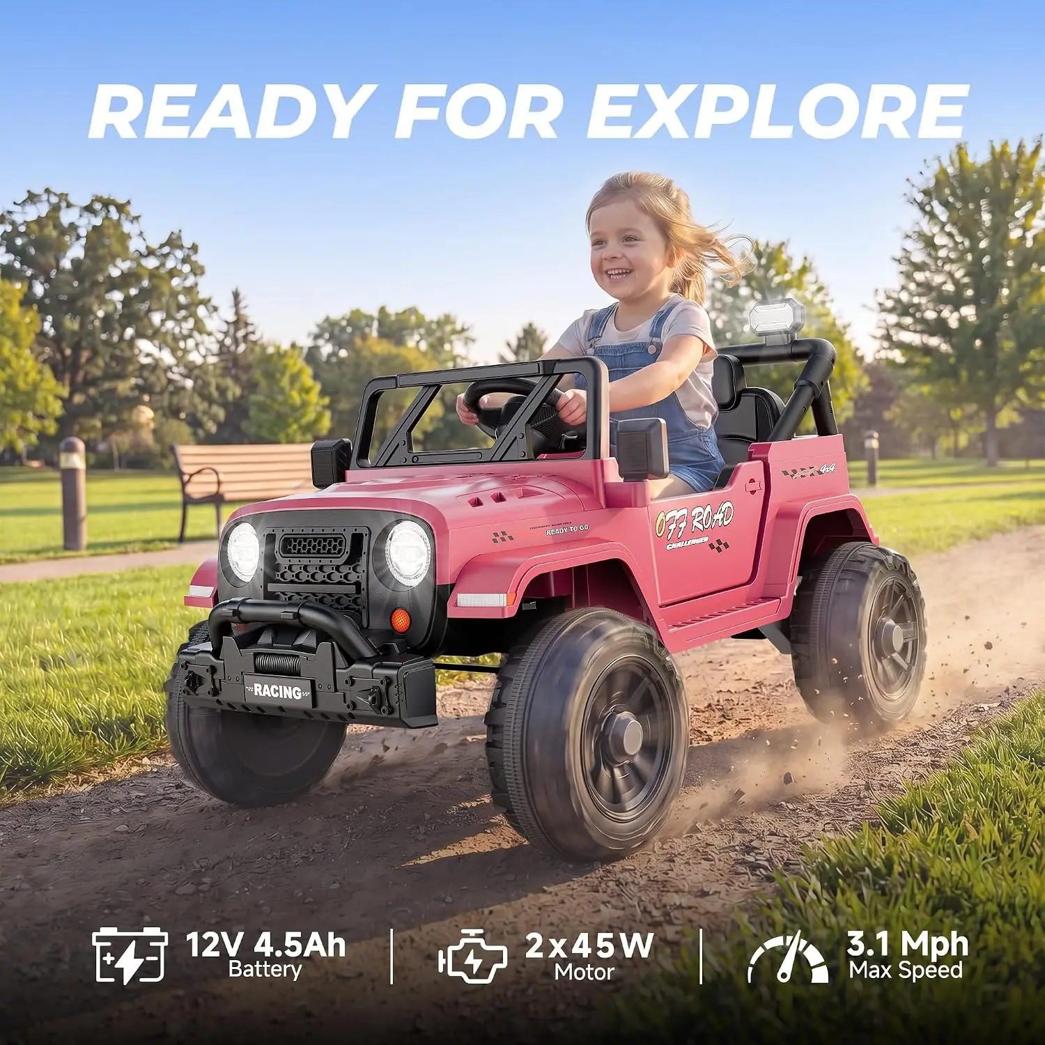 ARBELI 12V Electric Ride On Car, Toddler First Car, Pink | Realistic truck styling, parent remote control, soft start safety, bl