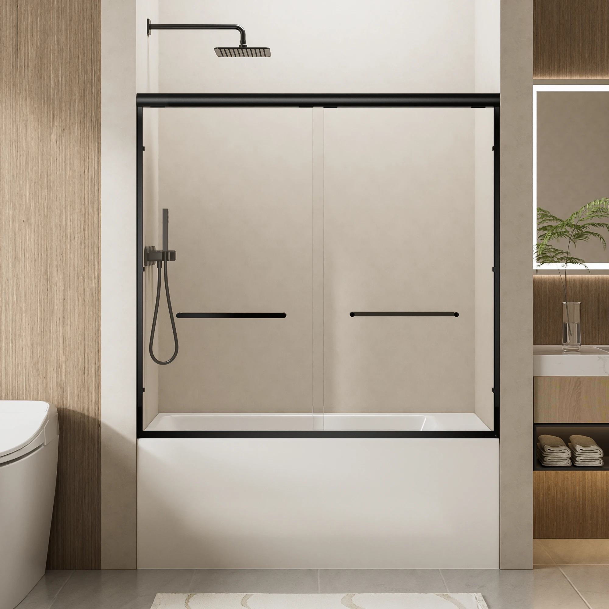 SH.KL 56-60 بوصة × 57 بوصة باب دش منزلق مزدوج بإطار من الألومنيوم، باب حوض استحمام أسود غير لامع ومغلق ناعم، 1/4 بوصة (6 مم) زجاج مقسى شفاف