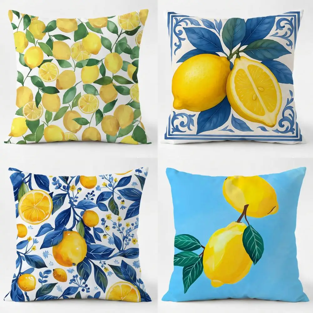 Blue - toned Watercolor Lemon Cushion Cover comfort Daily Washable Linen Soft  for Sofa Bed Home Room Decor