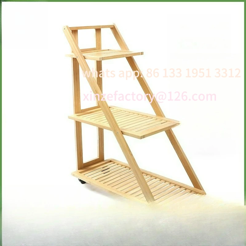 

Customizable mobile bamboo three-layer flower stand bedroom living room stepped trolley storage