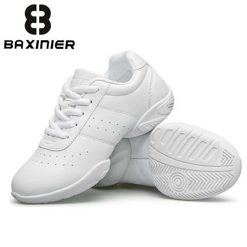 BAXINIER Youth Kids Cheerleading Shoes White Black Synthetic Leather Athletic Training Sneakers for Girls Boys Students Perforated Breathable Soft Cushioned Insole Non-Slip Rubber Sole Competition Shoes