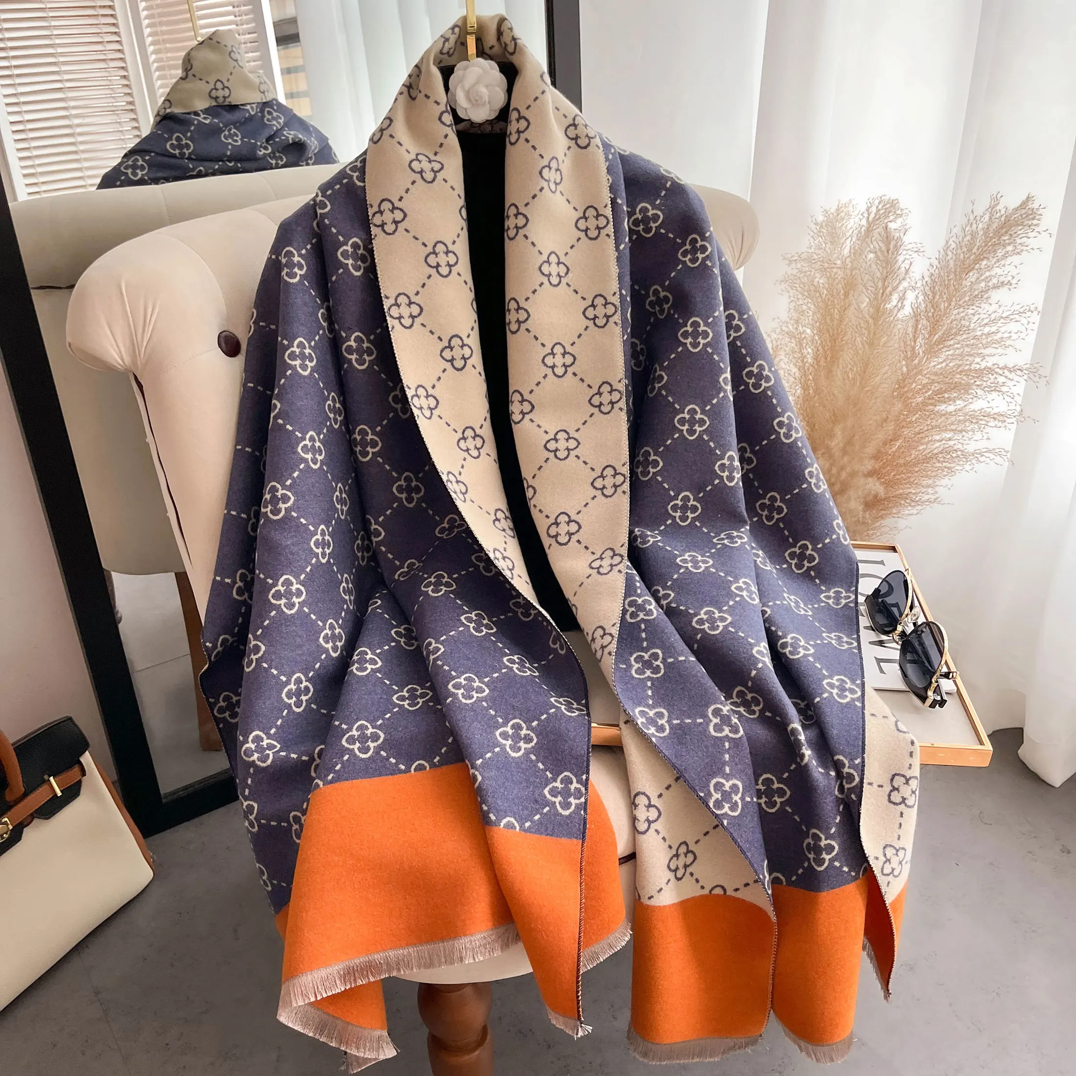 Women Winter Classic Double sided Advanced Printing Letter Imitation Cashmere Shawl Warm and Thick Versatile Scarf Neck