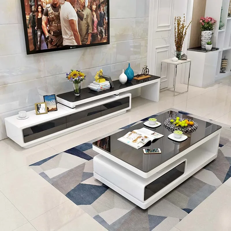 

Modern Luxury Coffee Table And Tv Stand Combination Living Room Tea Table Glass Top With Drawers Set