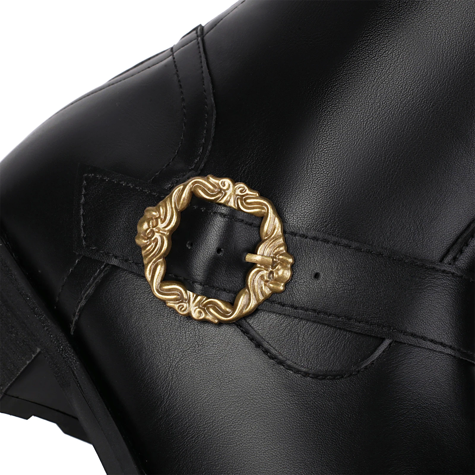 Buckle Knee High Riding Boots Men Back Zipper Western Cowboy Boots Round Toe Low Block Heel Black PU Leather Tall Boots 5