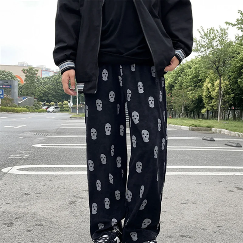 

Preppy Style Skull Full Print Drawstring Casual Corduroy Men Baggy Pants Hip Hop Straight Sweatpants Male Loose Trousers