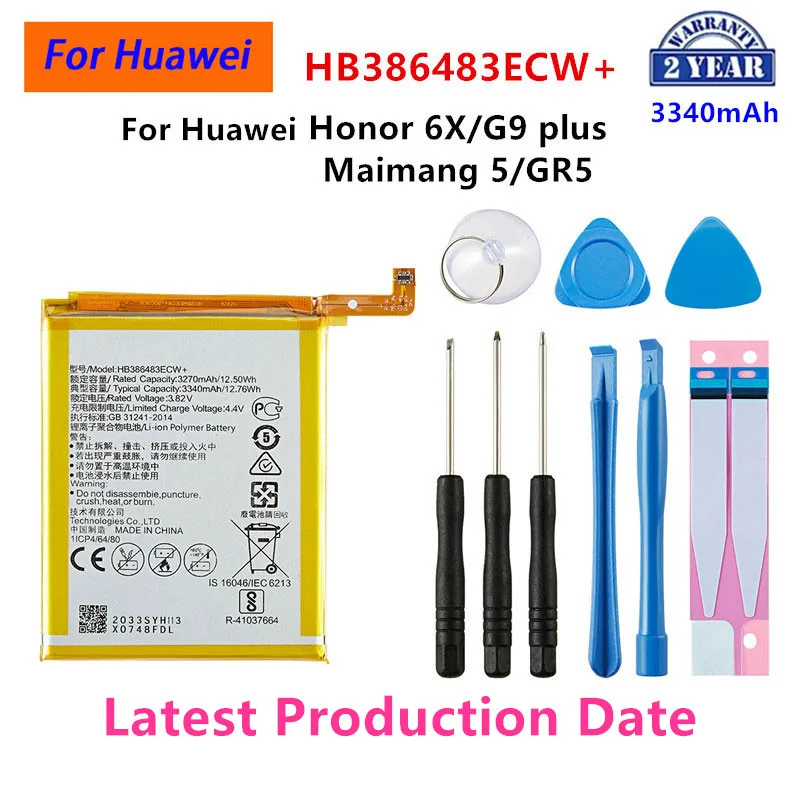 

100% Orginal HB386483ECW+ 3340mAh Battery For Huawei Maimang 5 Honor 6X G9 plus GR5 2017 MLA-AL00/AL10 Batteries
