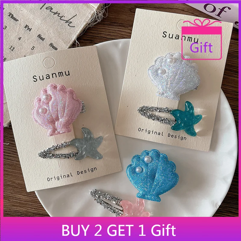

Korean Ocean Princess Hair Clips Sea Star & Seashell Snap Clips Summer Bangs Clips for Girls Non-Slip Hair Accessories 2pcs