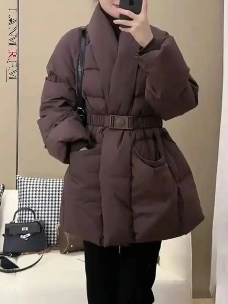 

LEOSOXS Cotton Padded Coat With Belt Long Sleeves Big Size Solid Warm Jacket 2025 Winter New Female Fashion Streetwear 2Z288516