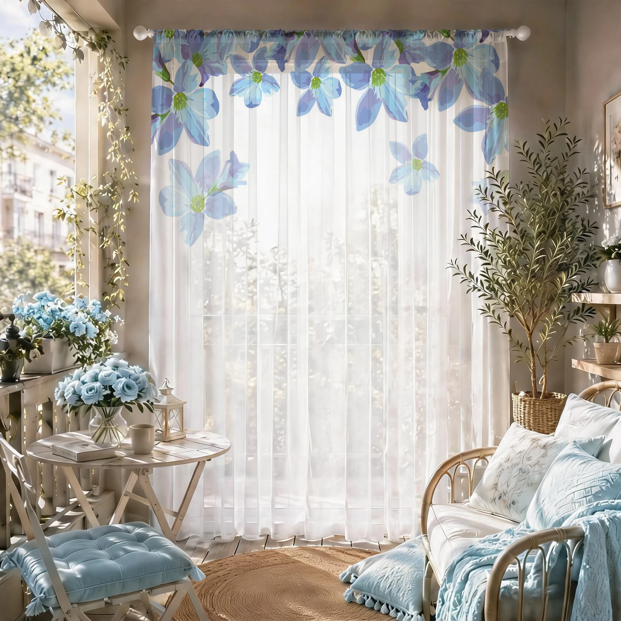 Blue Floral Gradient Sheer Curtain, Good Quality Light Reducing Luxurious Privacy Voile for Living/Bedroom/Kids Room, Gift