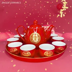 Red Pot Ceramic Teapot and Cup Set Exquisite Chinese Wedding Tea Set A Pot of Ten Cups Tea Tray Set Custom Tea Ceremony Gift