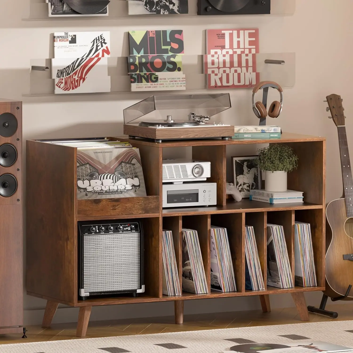 

48" Turntable Stand with Storage, Holds 450 Albums, Display Area, Sturdy Wood, for Music Room