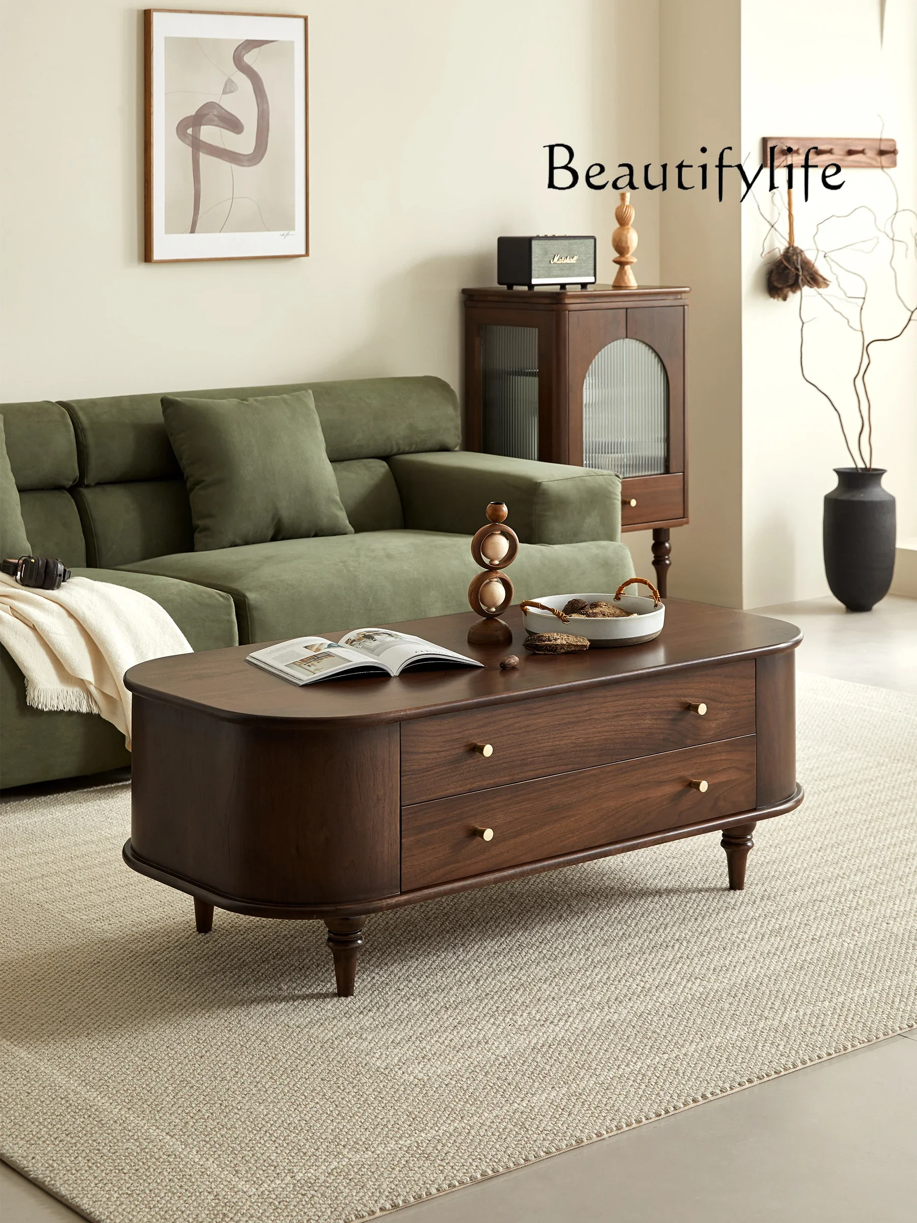 Solid Wood Coffee Table American Light Luxury Oval Simple Living Room Drawer Storage Tea Table TV Cabinet