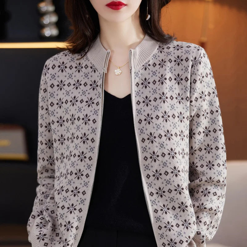 Autumn Winter Women 100% Cotton Color Block Jacquard Sweater O-neck  Cardigan Top New Outerwear Knit Zipper Warm Jacket