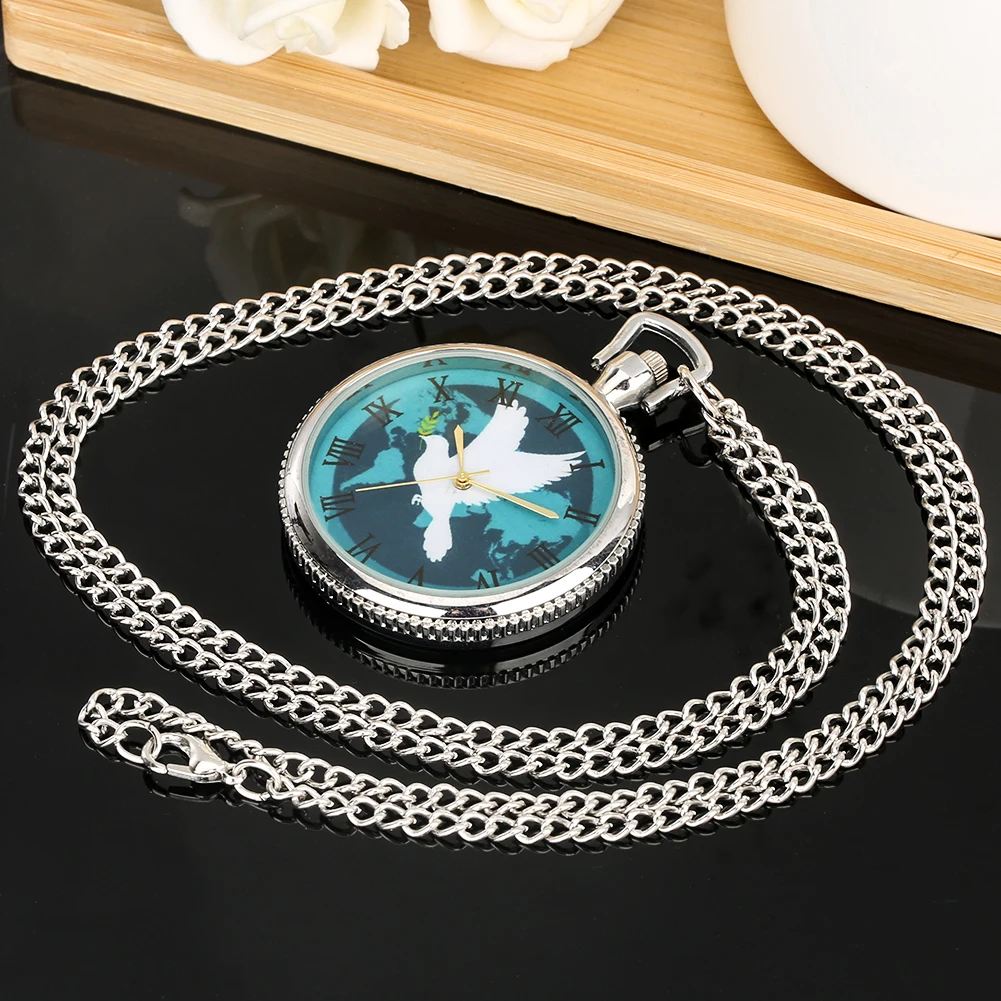 Peace Dove Round Dial Silver Quartz Necklace Pocket Watch Vintage Elegant Open Face Pendant Pocket Clock Gifts for Men Women Kid