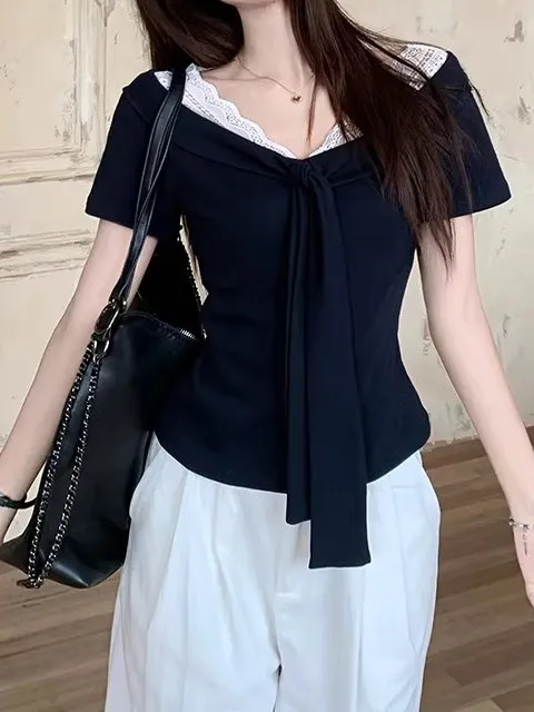 スリムフィットレースパッチワークベルト付き半袖Tシャツ女性の夏の新しいスタイルVネックデザインセンストップ韓国版カラー 1