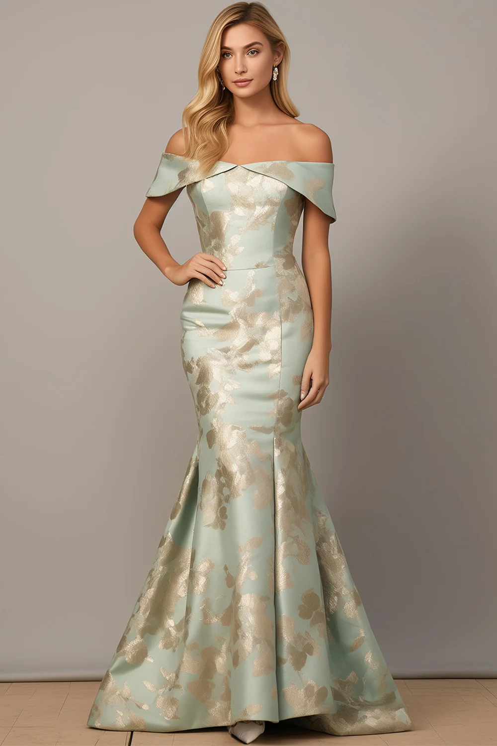 

2025 Women's Formal Sage Green Satin Floral Print Off The Shoulder Mermaid Maxi Dress