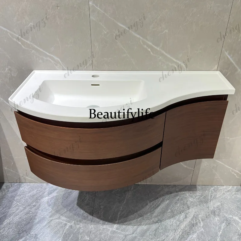 Extremely narrow arc bathroom cabinet combination artificial stone integrated basin wash table solid wood paint wash basin