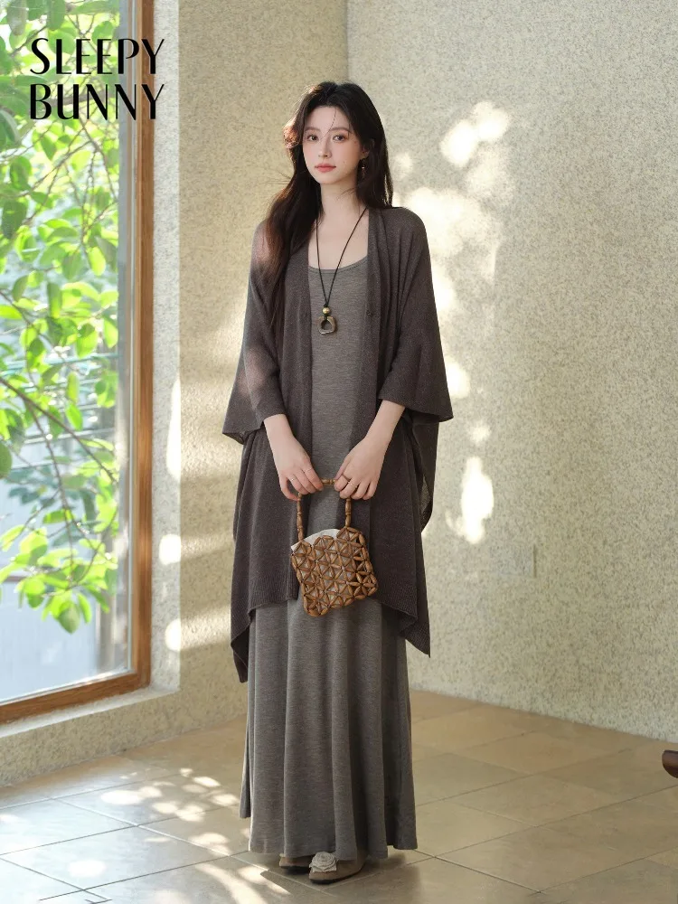 Women Wool Round Neck Camisole Dress Waist-Cinched for Lady Linen Shawl Lazy Spring Set Fashion Versatile Comfortable Outfit