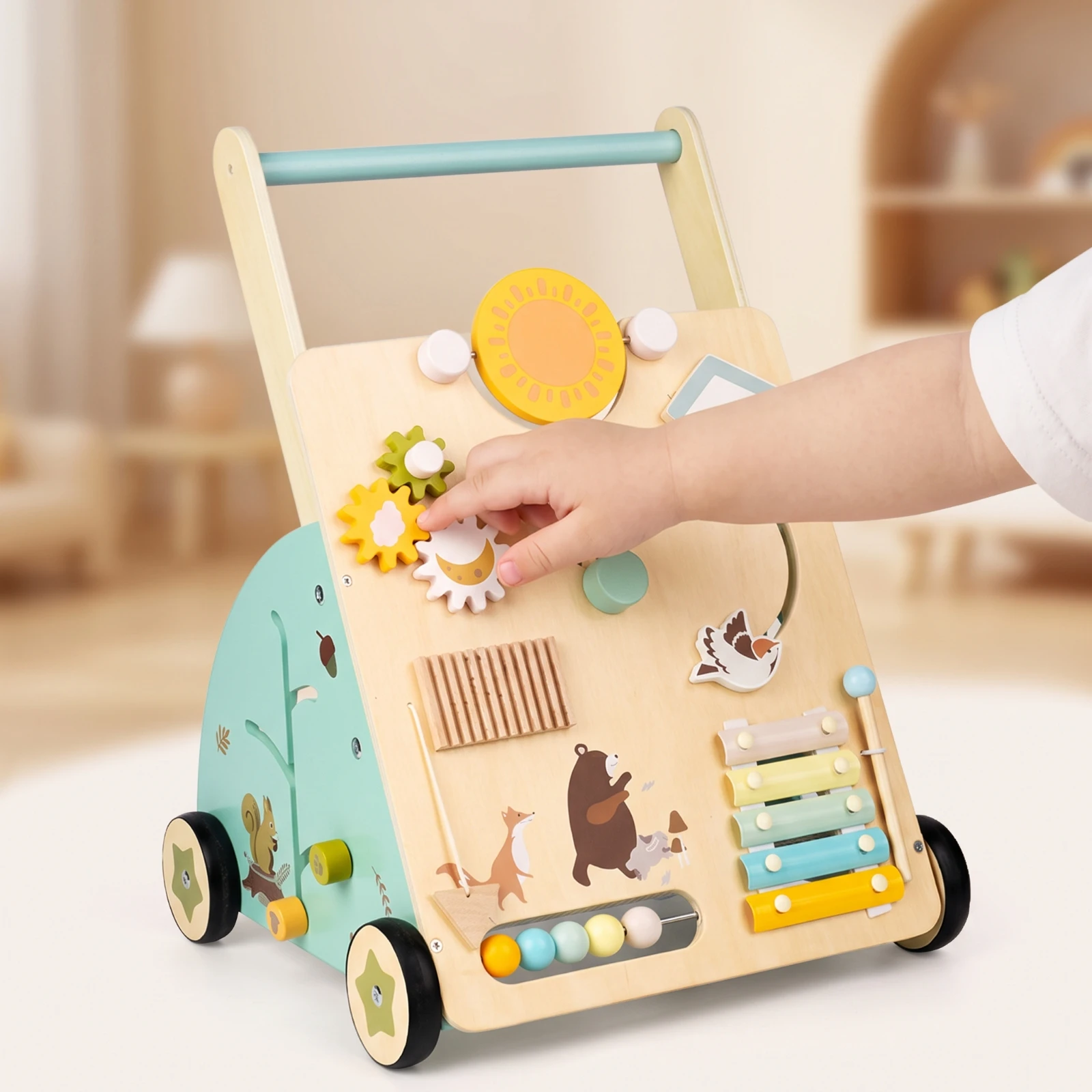 Carrinho de Bebê de Madeira Multifuncional com Brinquedo de Empurrar e Quadro de Atividades para Desenvolvimento Educacional de Crianças Pequenas
