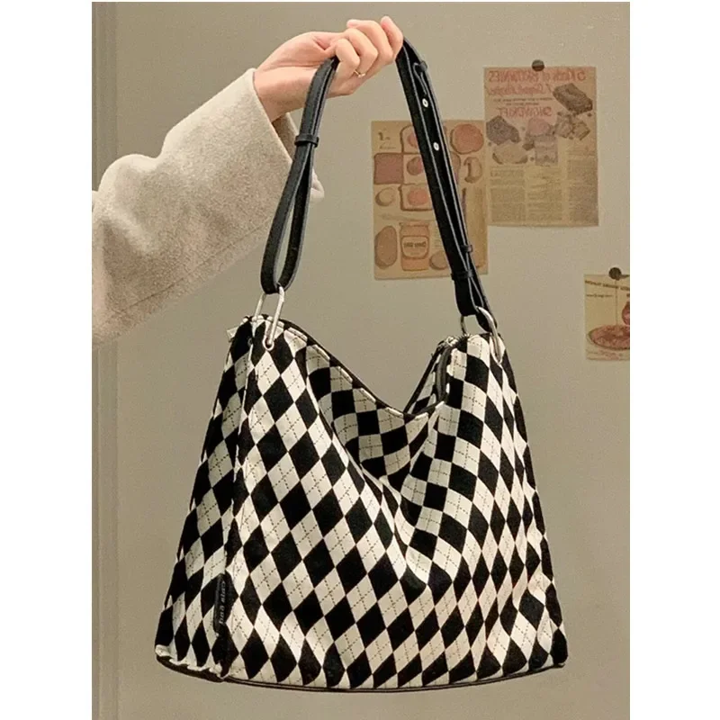 Vintage Large Capacity Tote Women's Bag Female College Student Class Canvas Bag Black and White Checkerboar Fashion Shoulder Bag