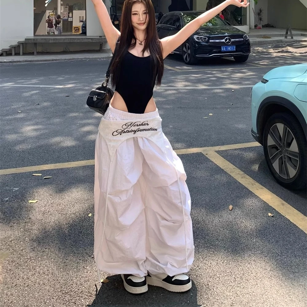 

Y2K White Cargo Pants Women Streetwear Letter Embroidery Baggy Sweatpants Harajuku Wide Leg Joggers Summer Oversized Trousers