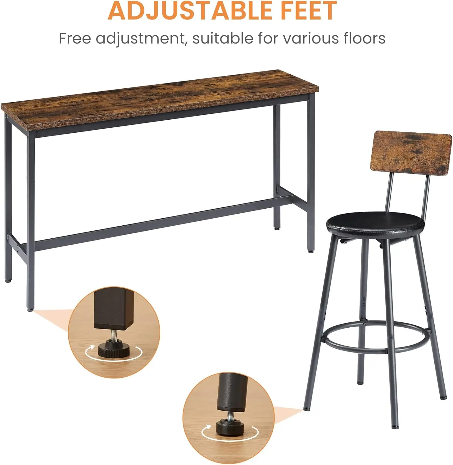 Barang Baru! Set Meja Bar Panjang dengan 3 Kursi Bar Berlapis PU, Set Meja dan Kursi Makan, Meja Kopi Tinggi Bergaya Industrial