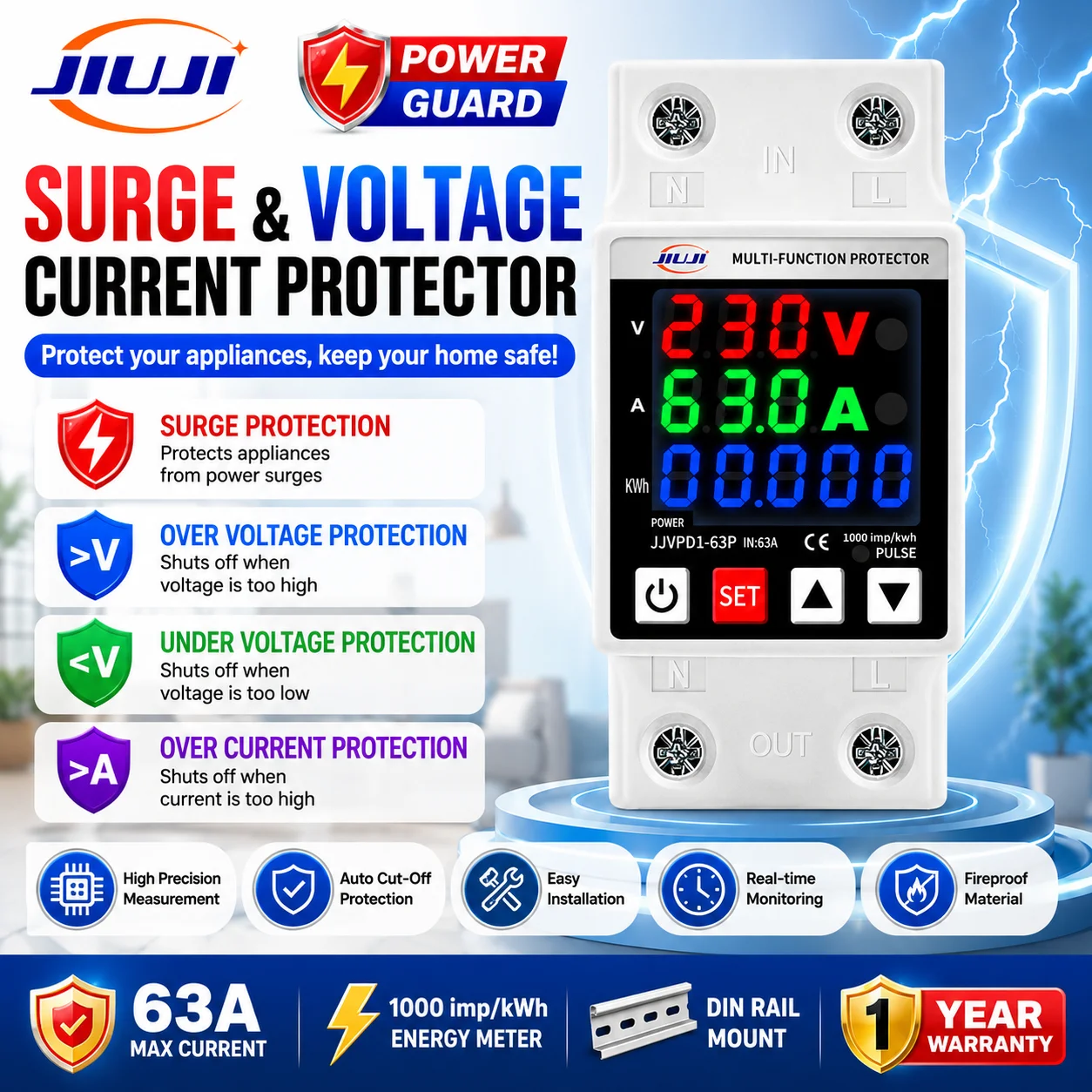 Energy Meter Digital Display Over Under Voltage Current Protection kWh Power Meter DIN Rail 63A Adjustable 220V 230V