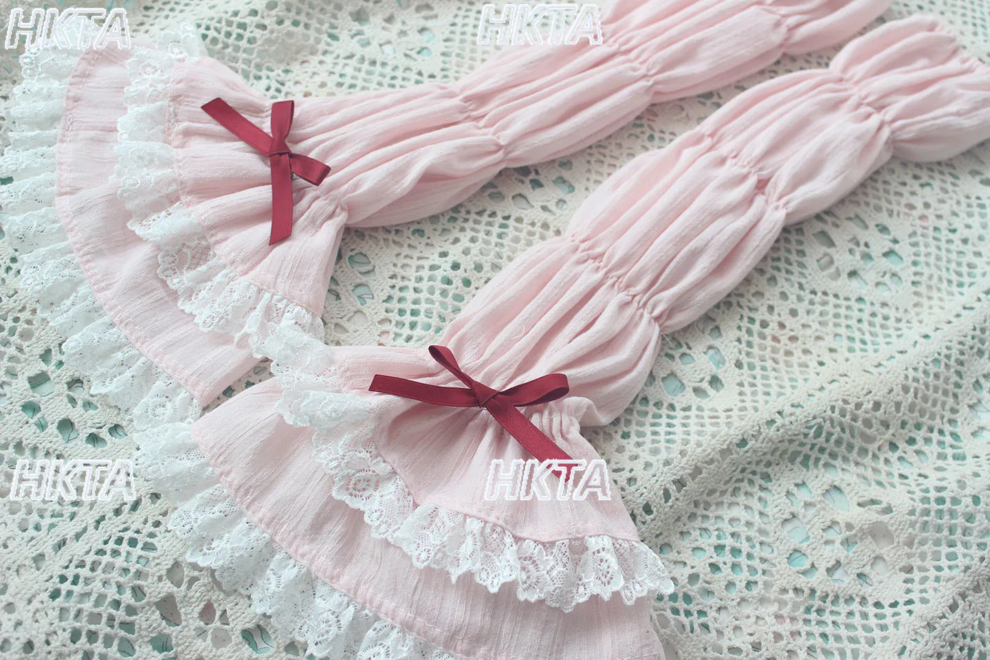 Handmade Sweet and Cute Lotus Knot Lace Splicing Bow Versatile Pink Hand Sleeves Women Lolita Long Sleeves Arm Cover Accessories