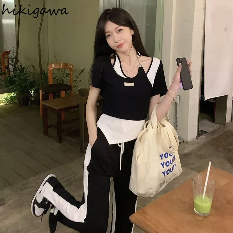 Streetwear dwuczęściowy zestaw odzież damska z krótkim rękawem patchworkowe koszulki proste spodnie szerokie nogawki stroje Casual Chic Y2k garnitur