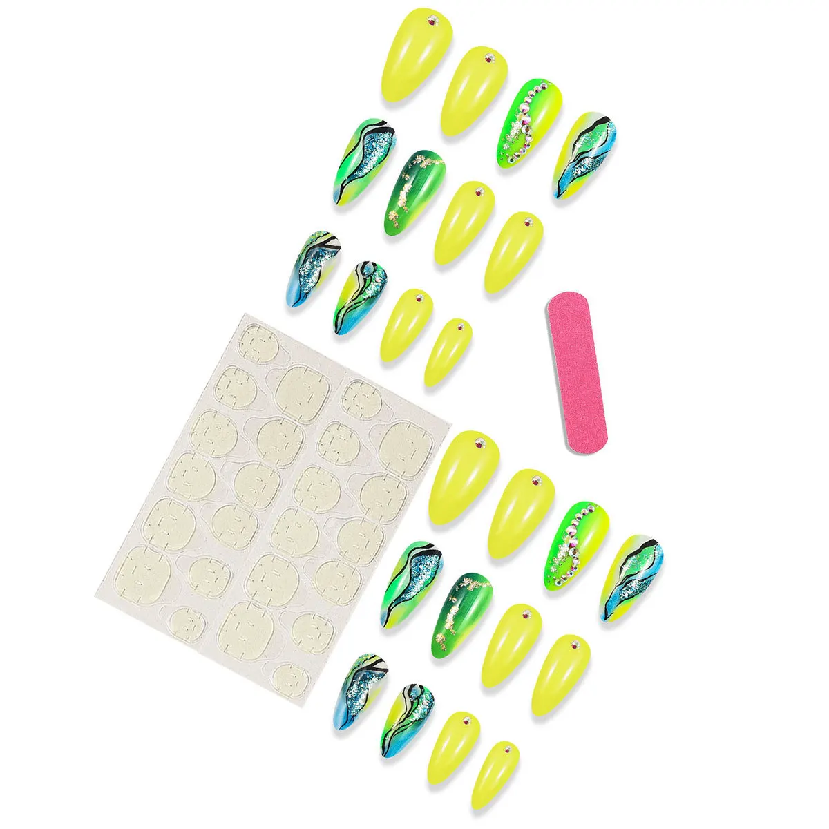 Bling Glitter Stick on False Nails with Rhinestone Press on Nails Long Stiletto Fake Nails Almond Sharped Glossy Glue on Nails