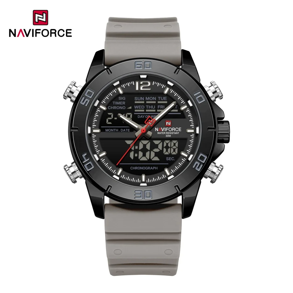 ساعة كرونوغراف مقاومة للماء للرجال من NAVIFORCE مع سوار من السيليكا الناعم وعرض التاريخ اليومي ساعة يد كوارتز رياضية عصرية Reloj Hombre