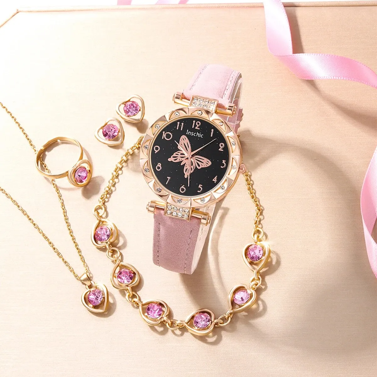 6ps Ladies Fashion Casual Star Butterfly Digital Rhinestone Belt Quartz Watch Powder Crystal Necklace Earrings Bracelet Gift Set
