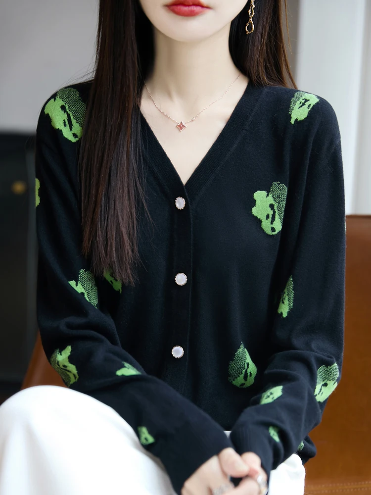 

Trendy Large Size Women's Knitted AV Collar Open Cardigan Spring Autumn Outerwear Floral Embroidery Casual Sle Commute Wind