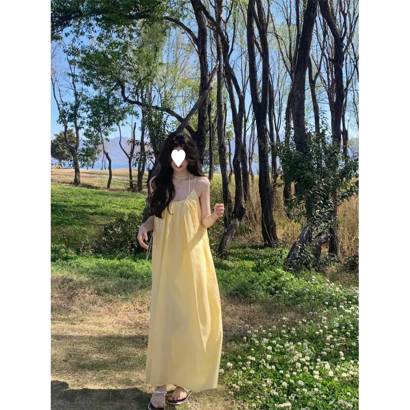 Summer Sexy Sleeveless Long Dress Spaghetti Strap French Yellow Dress Women's Long Dresses Silm Fashion A-line Shirt Y2k Clothes