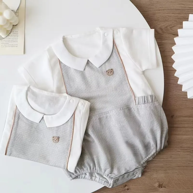 

Summer New Arrivals Baby Cotton Clothes Super Cute Bear Boys and Girls Fake Two-piece Climbing Clothes Baby Baptism Romper