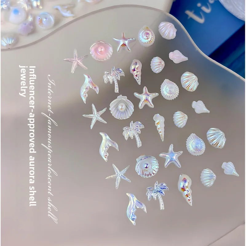 50 Pièces Breloques 3D en Résine Série Océan, Décorations Créatives pour Ongles Étoile de Mer Coquillage Aurore Brillante pour Manucure DIY et Artisanat