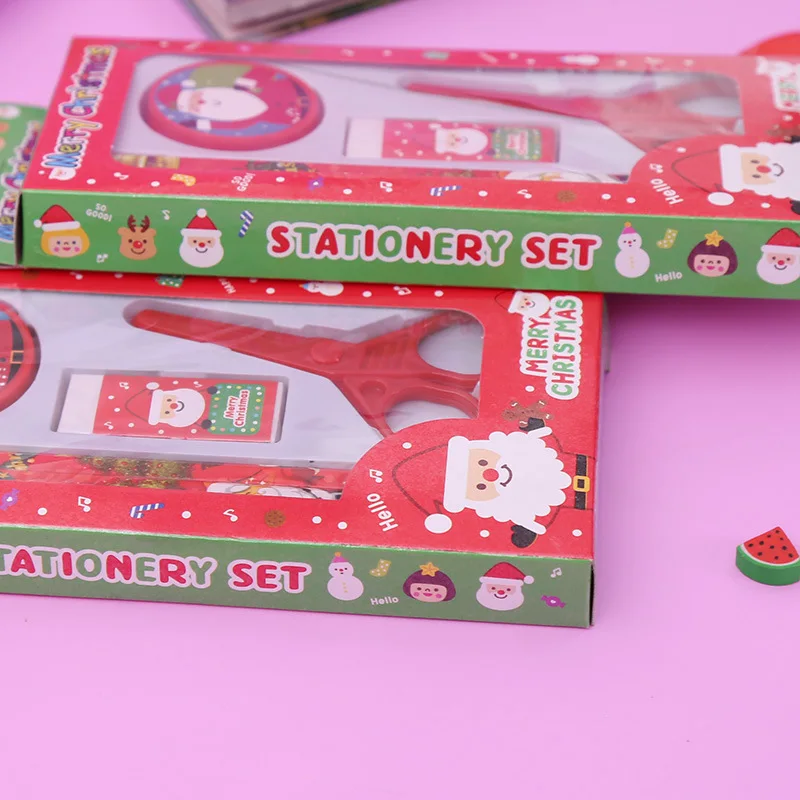 漫画サンタクロース鉛筆はさみ文房具セット、学生かわいいクリスマスゴム鉛筆削り、5新年、2025