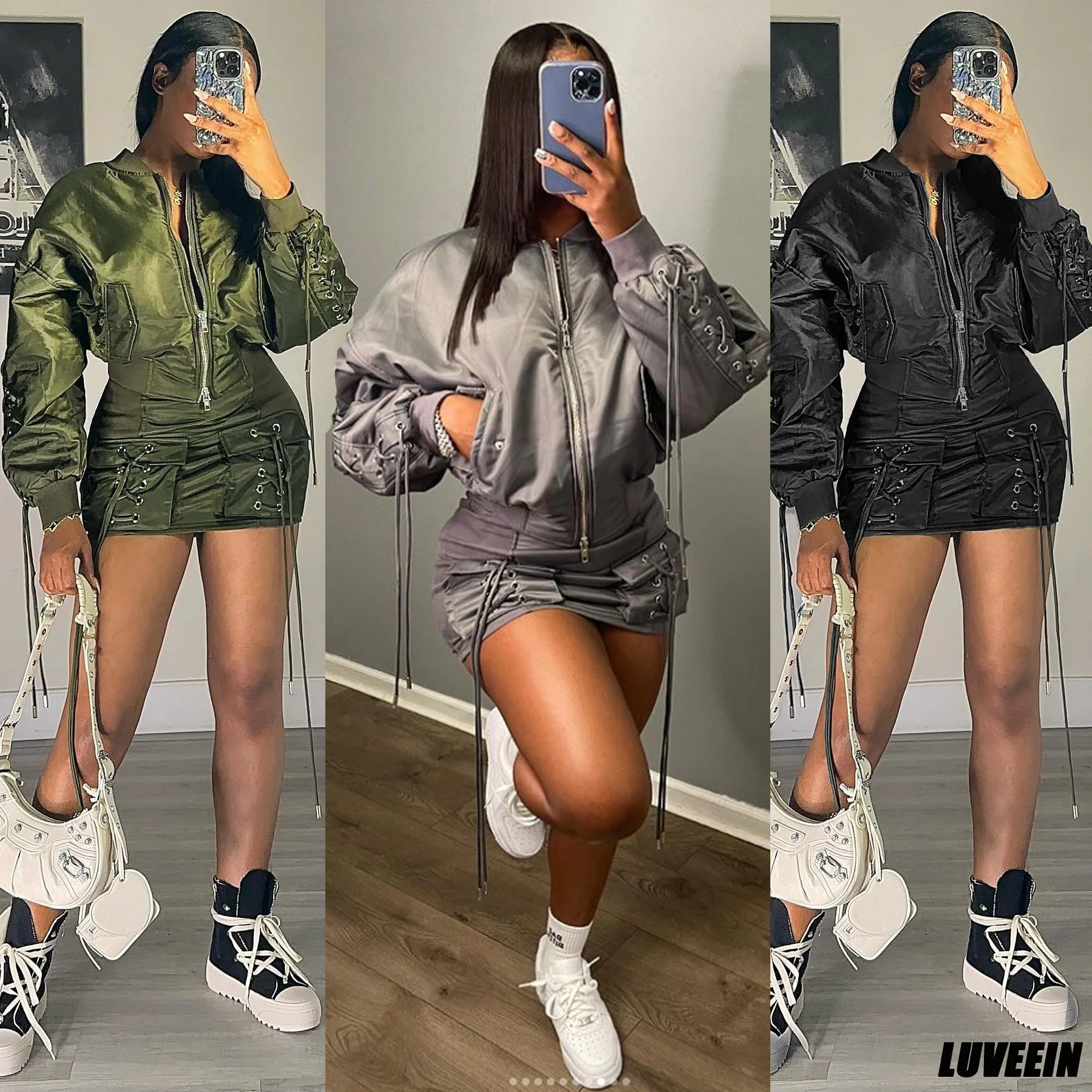 

Crop Jackets 2 Piece Skirt Sets 2023 Y2K Streetwear Fashion Crop Coats Mini Skirts Sexy Club Two Piece Sets Winter Fall Outfit