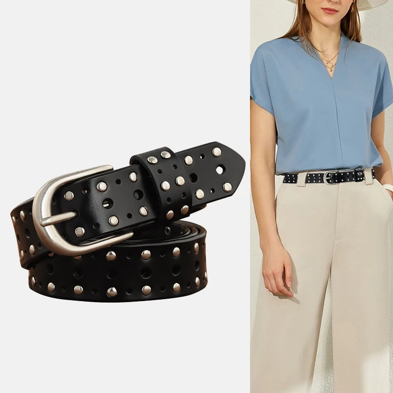 

Genuine Leather Vintage Waist Belt Infinite-Hole Pin-Buckle Punk Rivet/Studded for Unisex Jeans Pants