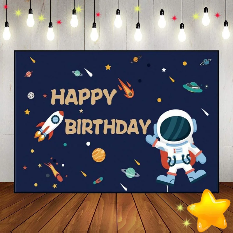 

Outer Space Party Astronaut Custom Birthday Backdrop Spaceship Decoration Moon Photography Planet Photo Background Galaxy Sun