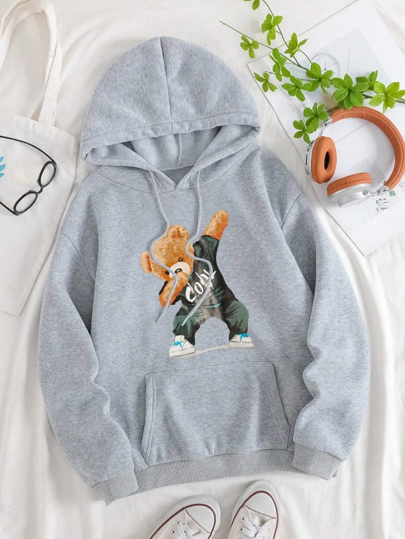 Cool Bear Hoodies Womens Cartoons Animal Printing Tops Loose Fleece Warm Pocket Sportswear Winter Comfortable Womans Clothing