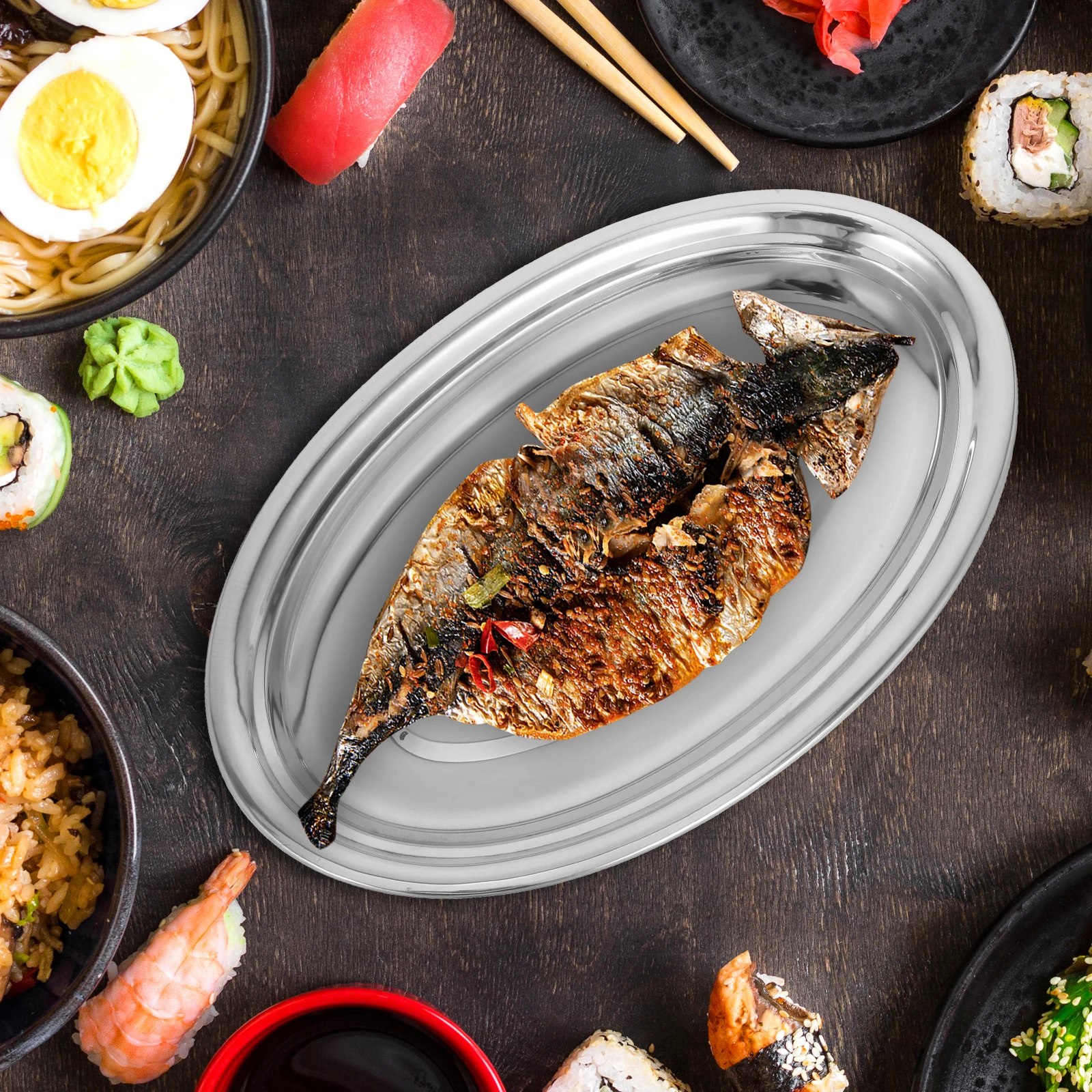 

Stainless Steel Steamed Fish Tray Oval Shaped Meat Platter Western Serving Dishes Food Arranging Large Capacity Kitchen Steel