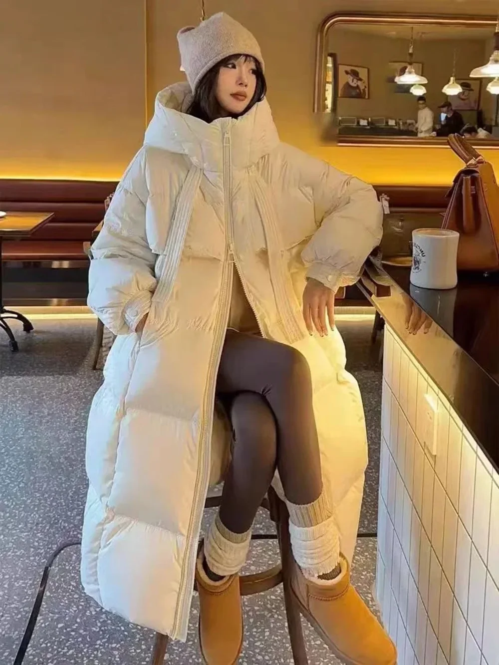 White Duck Down Long Jacket  2024 New Winter Fashion Women Hooded Thick Two Zippers Warm Down Coat Female Loose Casual Overcoat